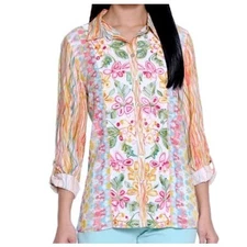 John Mark Womens Large Embroidered Floral Button Front Top Blouse NWT