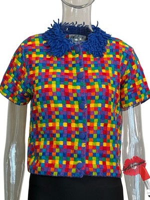 Vintage Michael Simon Cardigan Sweater Women Small Colorful Art Basketweave 90s