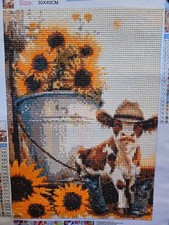 30x40cm Completed Diamond art Cow with Hat next to bucket with Sunflowers