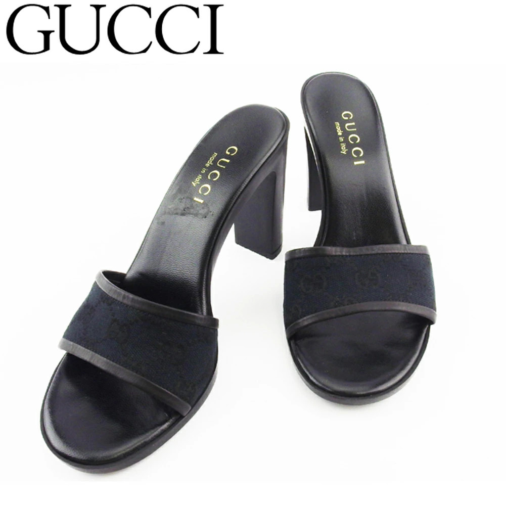GUCCI Sandals Shoes Women's #36C Chky Heel GG Canvas Black Canvas x Leather GUCC