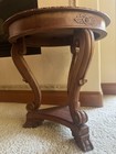 Round Wood End/Side Table, Brown Medium Wood Tone, Carved Edge, Scroll Legs — photo 2