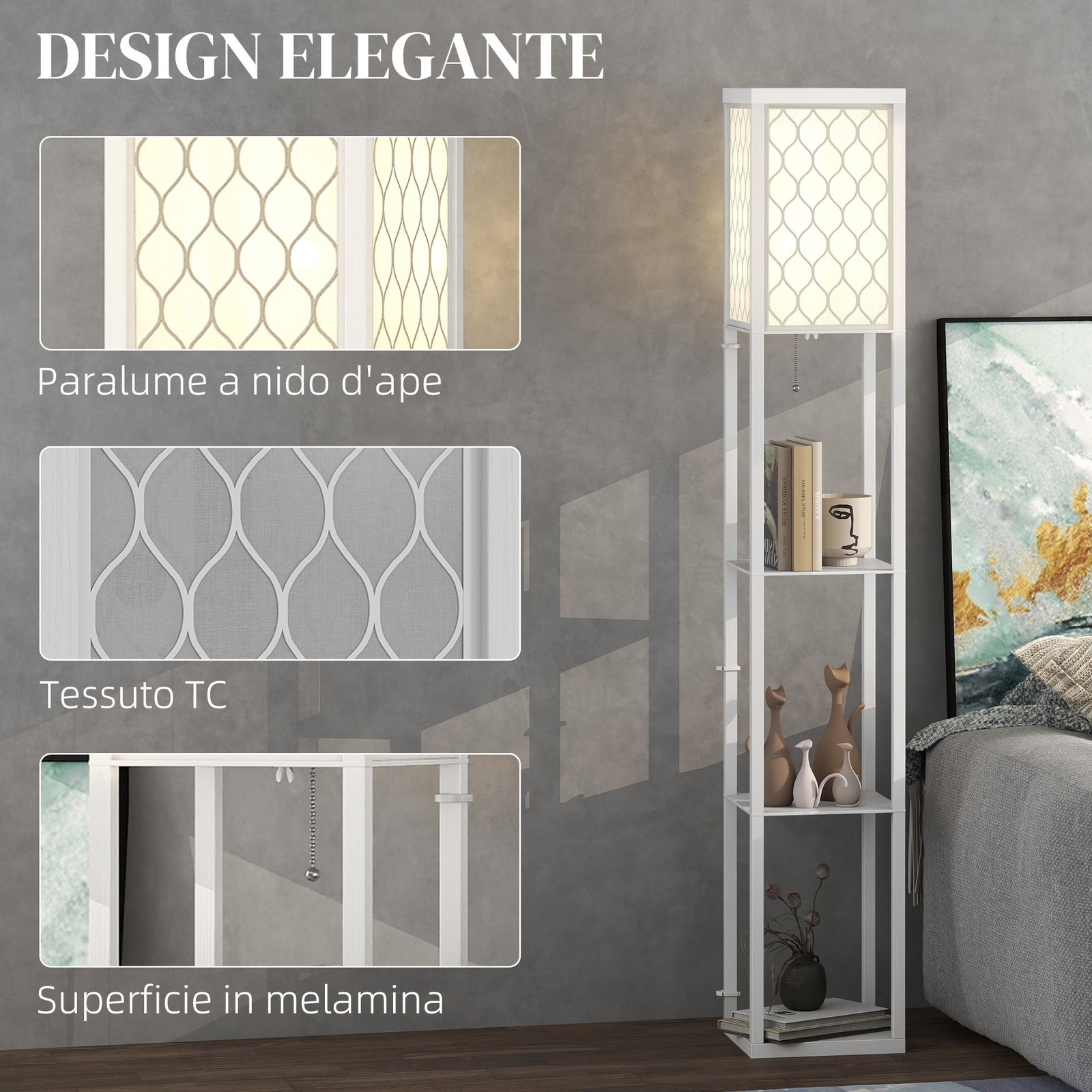 Lampada da Terra 2 in 1 Moderna con 3 Ripiani, Attacco E27, 26 x 160 cm, Bianco foto 4