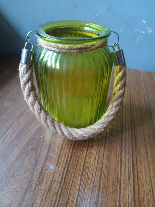 Decorative Hanging Jar ~ Green ~ Glass ~ 4.5" x 6" ~ Rope Handle ~ Candleholder