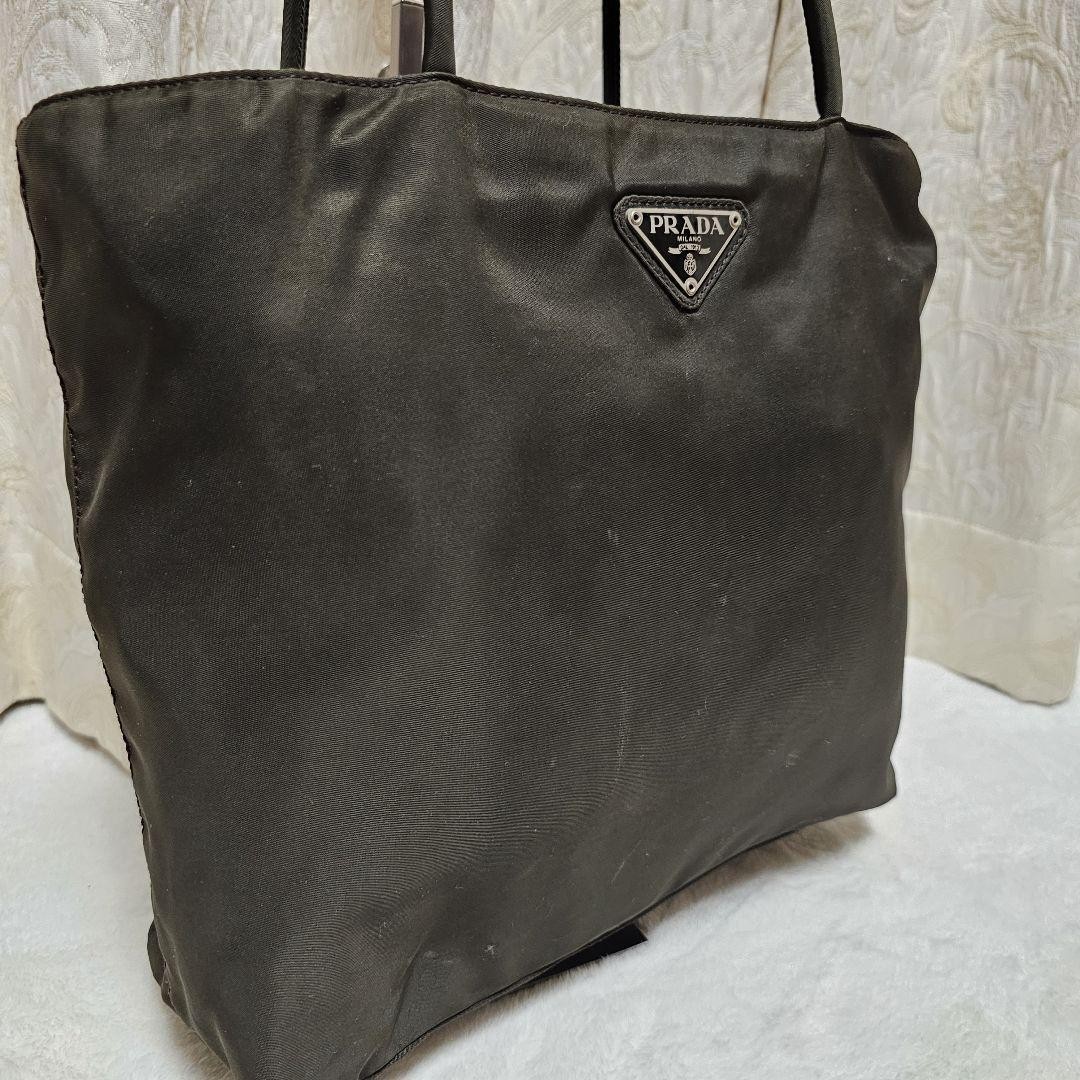 Prada Nylon Tote Bag with Triangular Logo in Khaki and White