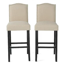 Marky Barstool Chair Set of 2- Arched Back and Footrest- Beige Fabric