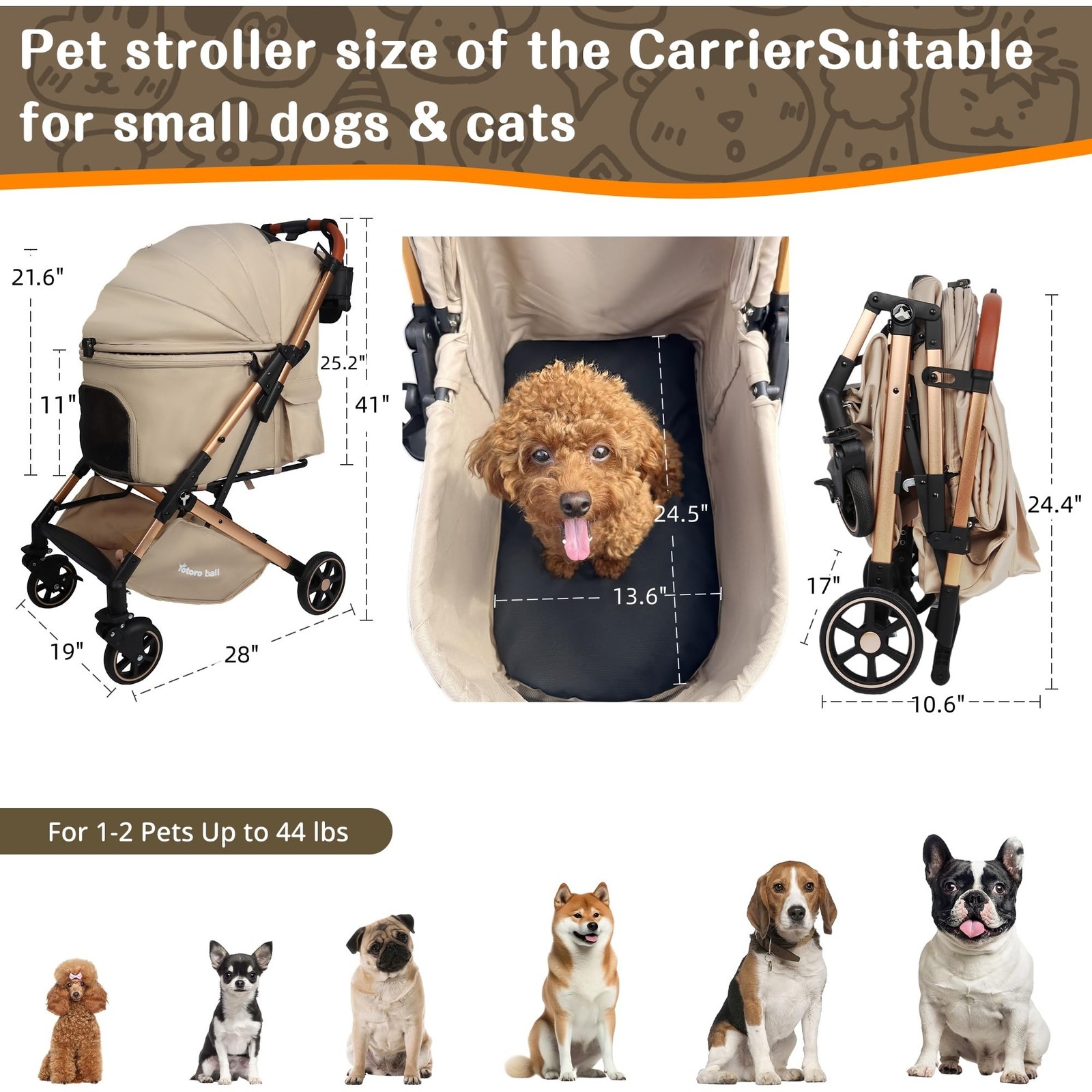 Pet Stroller with One-Click Folding & Storage Basket, for Small and Medium Do...