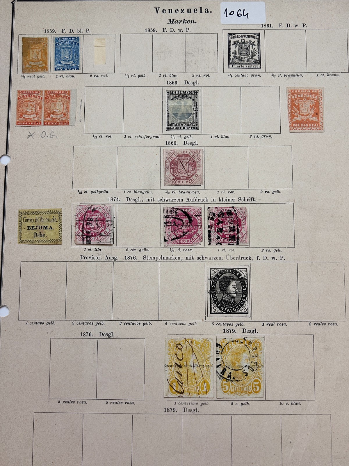 Venezuela Classic Stamps 1859-1879 Antique German Album Page Bejuma Estampillas