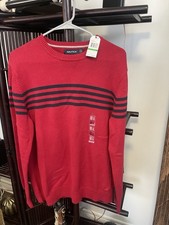 Nautica Men  s Red  Navy Blue Striped Crew Neck Sweater Size Large NWT