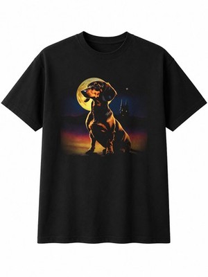 Airbrush Dackel im Mondschein Hundeliebhaber Herren T-Shirt schwarz 100% Baumwolle Doggo