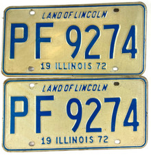 Vintage Illinois 1972 Auto License Plate Set Pair PF 9274 Man Cave Wall Decor