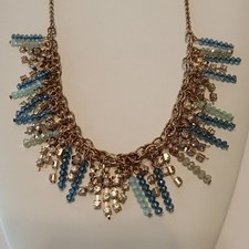 VTG 12" Statement Beaded Bib Fringe Style Gold Tone Necklace Beads Rhinestones
