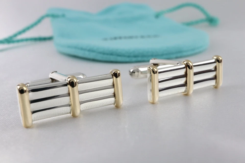 Прямоугольные запонки Tiffany & Co. серебро 925 и 14 карат желтое золото с чехлом - Изображение 4 из 4