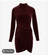 Express Velvet Body Contour Mock Neck Ruched Dress~Small~Brown/Deep Purple