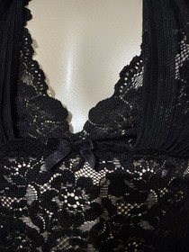 Vintage Black Babydoll Lingerie Pleated Chiffon Sheer Lace Halter Size medium