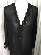 Lucie Ann Robe Vintage Embellished Sheer Black Long Peignoir Negligee Lingerie L