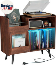 Big Record Player Stand, Record Player Table with Power Outlet and LED Light, 35