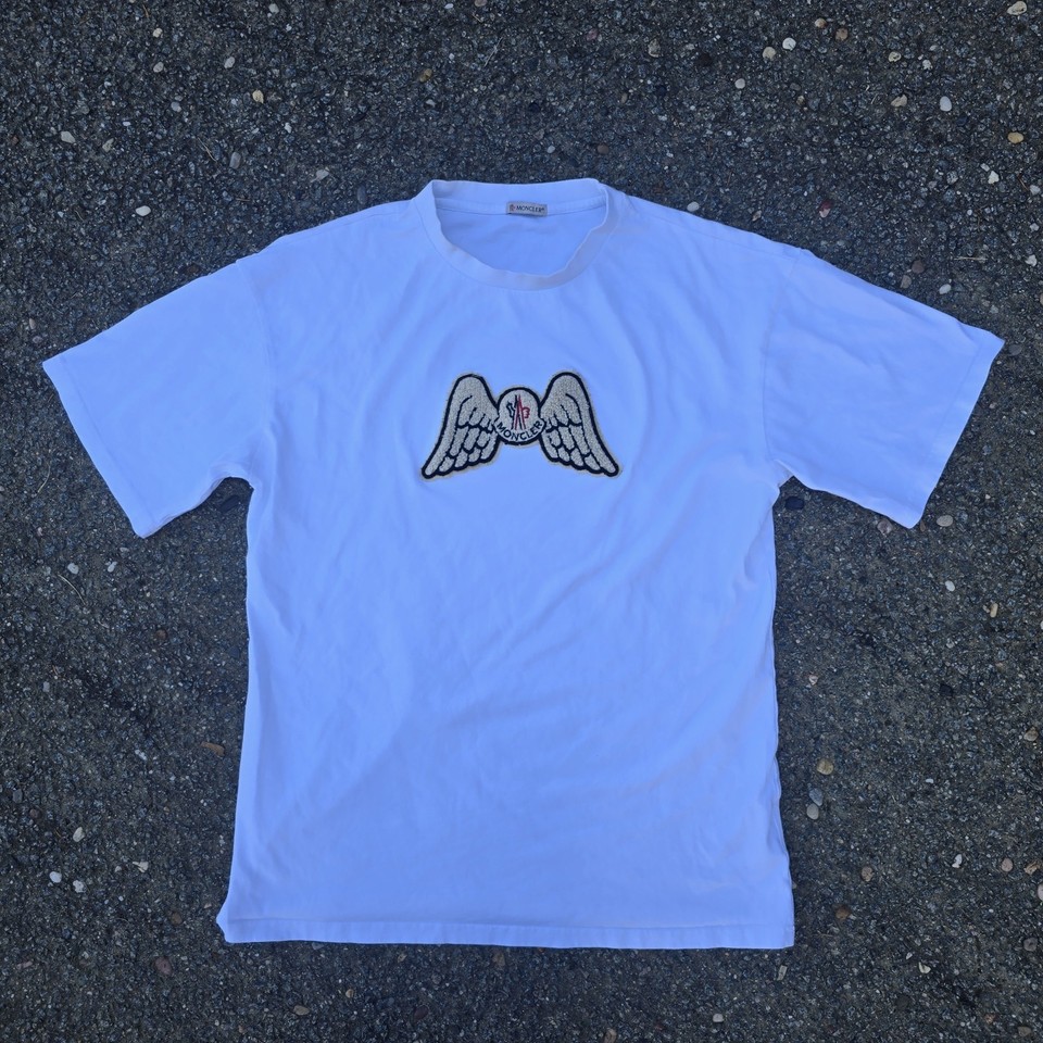 Moncler Men's White Short Sleeve Wings Logo Patch Shirt See Dimensions For Size