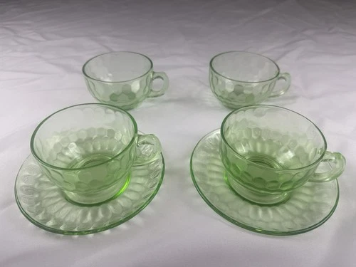 Vintage Uranium Glass Tea Cup 4 Green Depression Glass 3" Glows 2 Saucers Plates
