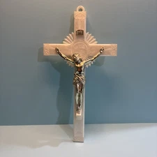 Vintage Crucifix Cross Opalescent White and Silver Color