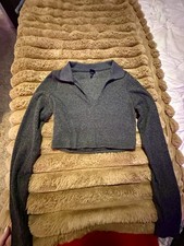 Wild Fable Gray Collared Ribbed Knit Cropped Pullover Sweater Long Sleeve M