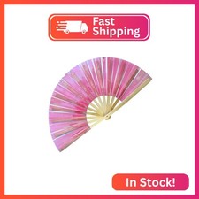 dmjuncong Large Folding Hand Rave Fan,Clack Handheld Pink laser Colors Hand Fan,