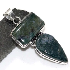 Moss Agate 925 Silver Plated Long Gemstone Pendant 2.2" Gifts Jewelry JW