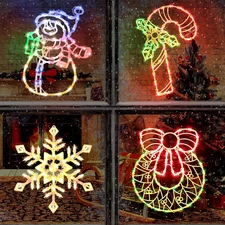 4 Pack Christmas Window Silhouette Lights Decorations, Lighted Wreath, Candy Can