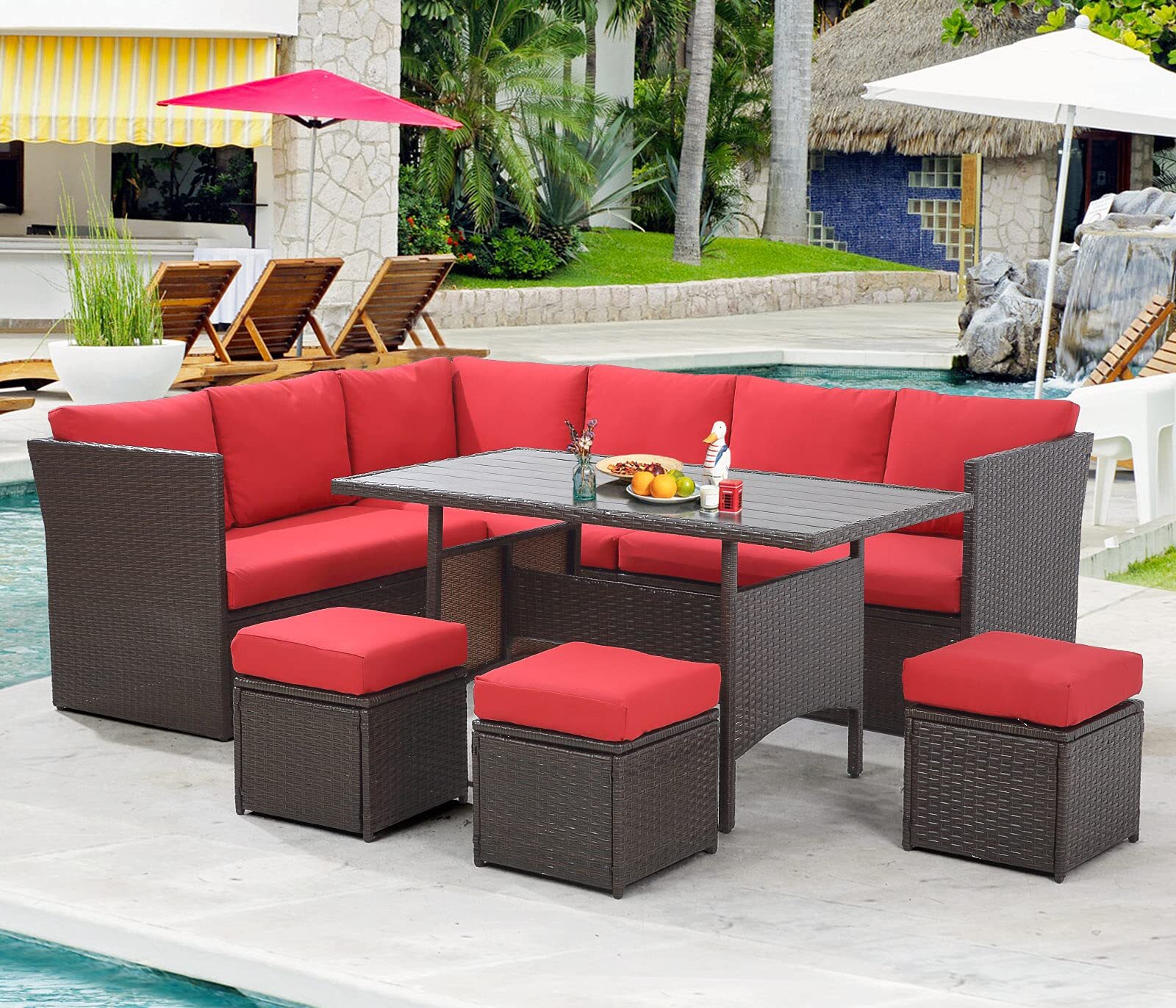 7pc Patio Furniture Set, Outdoor Dining Table&Chairs Wicker Conversation Ottoman thumbnail 12