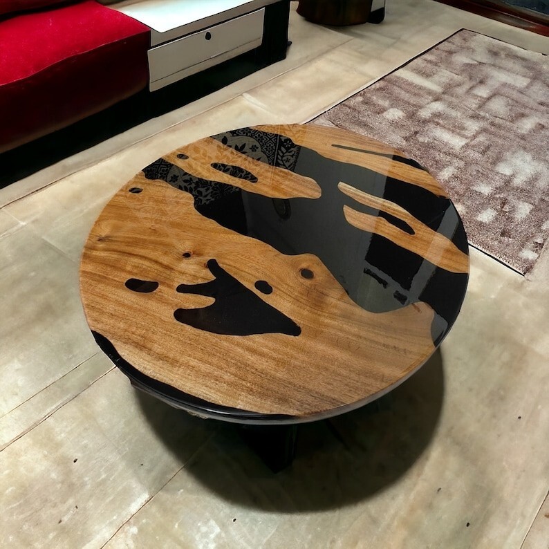 Black Epoxy Resin Round Tabletop with Gloss Finish for Art Décor