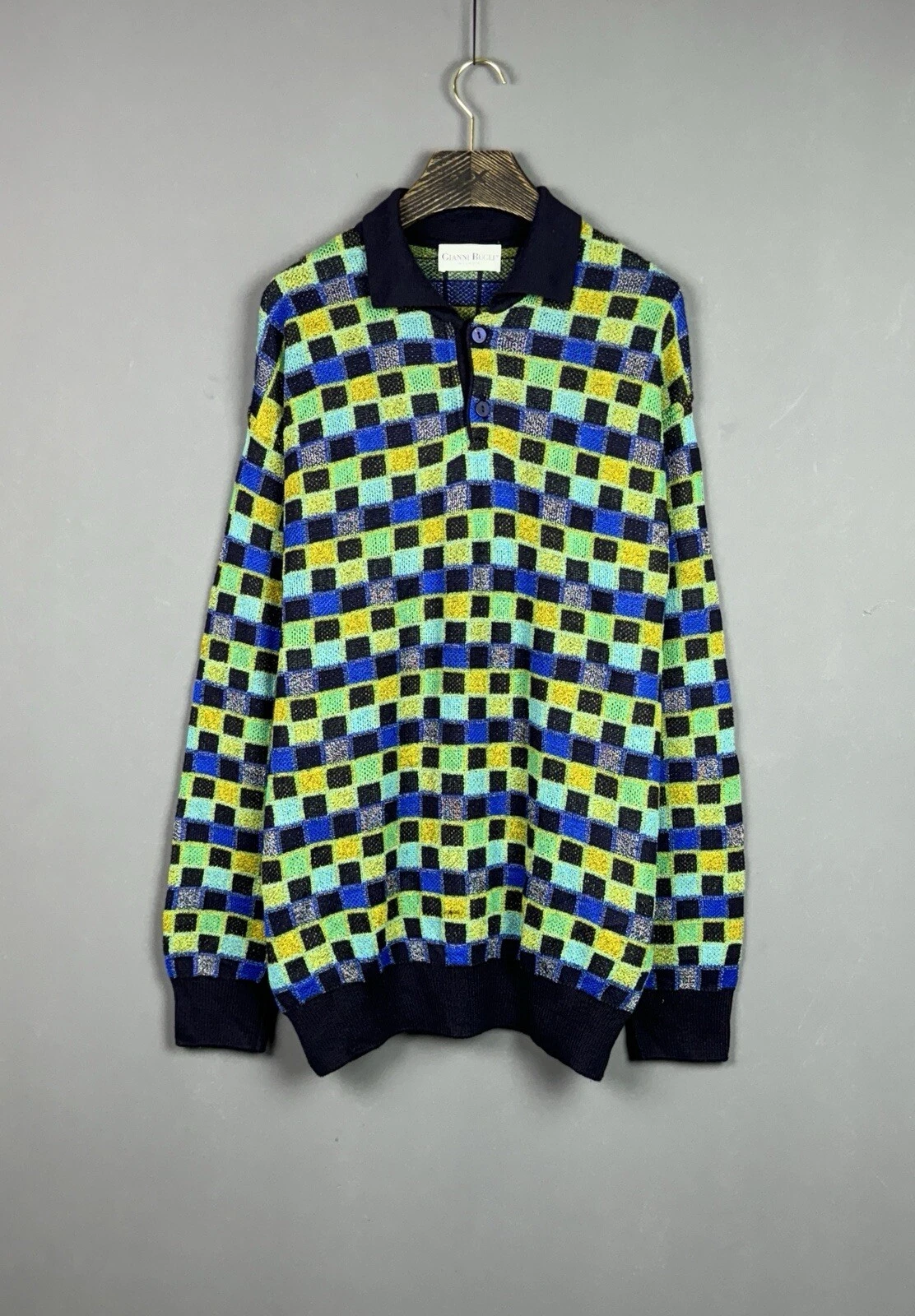 Vintage GIANNI BUGLI MILANO Multicolor Checked Cotton Collared Sweater Size 56