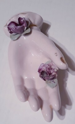 Pink Hand Dish Ashtray Figurine Purple Flowers Gold Accents 5 1/2'' 