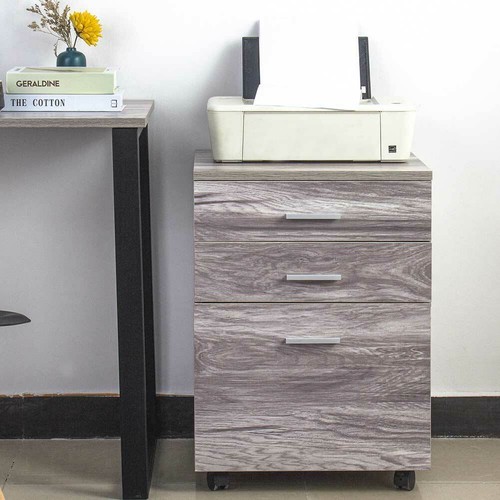 Cassettiera Scrivania Ufficio Legno MDF Mobiletto Stampante 3 Cassetti Grigio - Foto 2 di 5