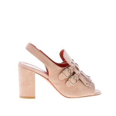 SANTONI damen schuhe Nude veloursleder sandalen maxi franse schnallen absatz 8