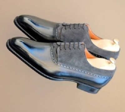 Handgefertigte Herrenschuhe schwarz Leder grau Tweed zweifarbig formell elegant Schnürung Stil