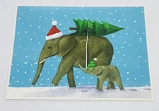 Christmas Card “Peace On Earth Goodwill To All” Elephant Mom & Baby Tree Art P4