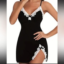 ON SALE! SLIP NIGHTDRESS TEDDY & THONG SET BLACK & WHITE LACE TRIM V NECK M/L/XL