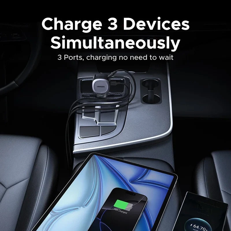 UGREEN 75W Cargador Coche 2 en 1 Cable Retráctil PD QC 4.0 USB C Para iPhone iPad Foto 3 de 4