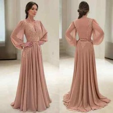 Elegant Mother Of The Bride Dress Chiffon Lace V Neck Long Sleeve Bride Prom