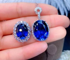 Queen Oval Blue Zircon Pendant 925 Sterling Silver Necklace Ring Women Jewellery