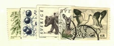 Sweden #751, 1431, 1433, 1921-2 used  birds, deer, bear