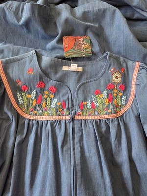 go softly denim patio dresses NWT Go Softly S Kaftan Denim Bird House Zip Embroidered Patio Dress 124621