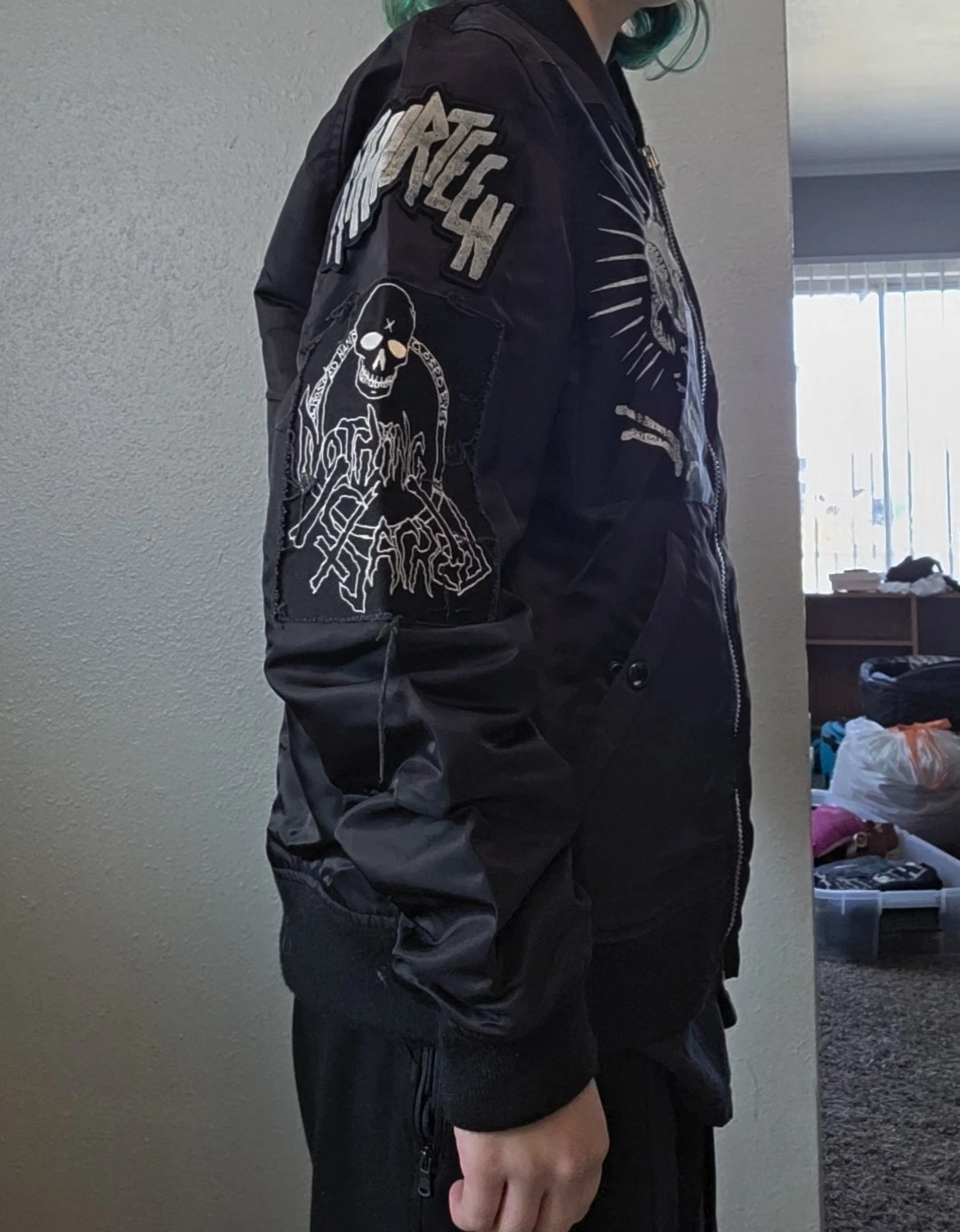 R13 MA-1 Flight Bomber Jacket Black Nylon Satin Skull Patch Zip Men’s M image 5