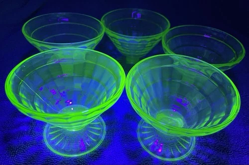 Block Optic Low Sherbet Green Uranium “Glow” Depression Glass Set of 5