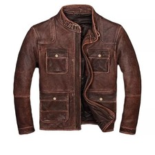 Men's Vintage Distressed Leather Jacket Café Racer Motorcycle Real Biker Style