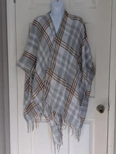 Three Dots Wrap Shawl Poncho Shrug Cashmere Wool Blend Gray Plaid OSFM