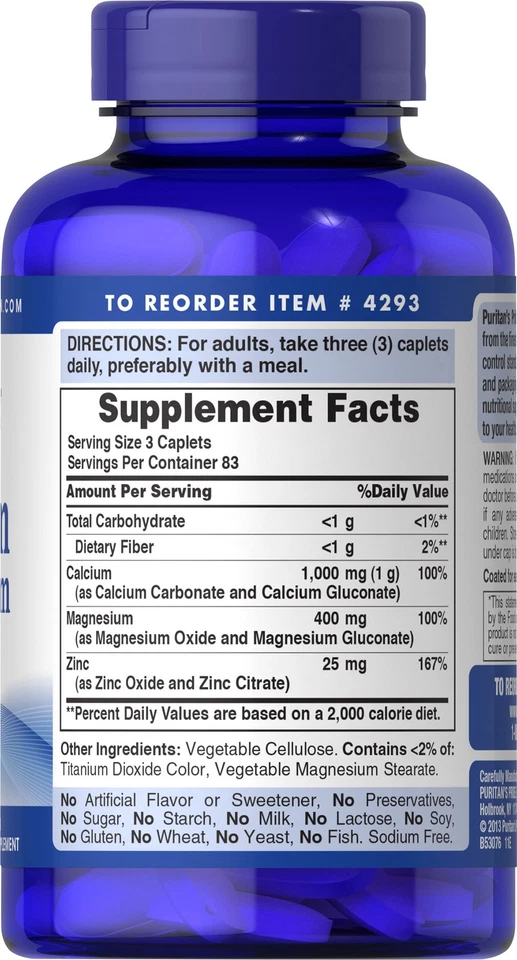 Puritan's Pride螯合钙镁锌 - 250 粒 — 第 3/4 张图片