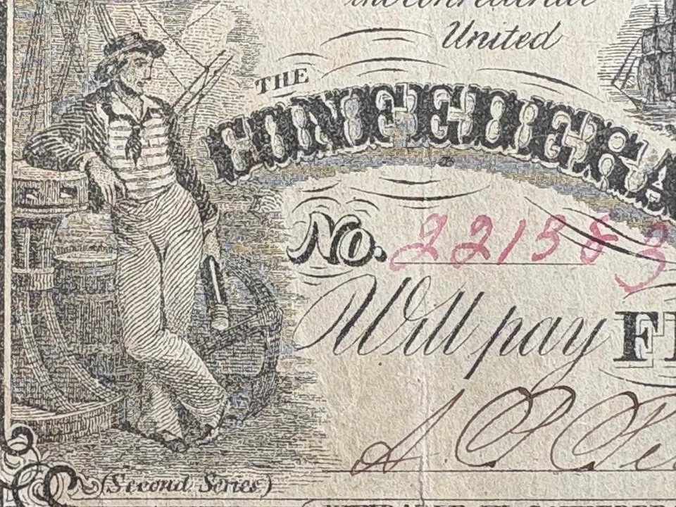 Confederate Currency. $5 - 1861- T-36. Commerce with Sailor. Great Condition!!   - Image 3 of 4