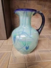 Fenton Dave Fetty Glass Pitcher – "Hanging Hearts" in Aqua Blue w/ Cobalt Trim