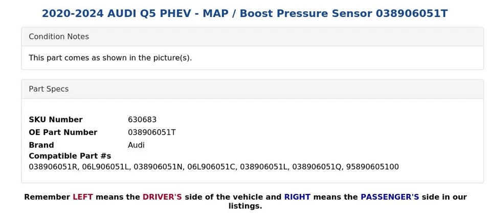 2020-2024 AUDI Q5 PHEV - MAP / Boost Pressure Sensor 038906051T - Image 3 of 4