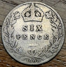 1908 King Edward VII Sixpence 6d, 2.7 grams Sterling Silver Great Condition